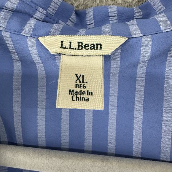 LL Bean Top Womens XL Blue Striped Button Up Notch Neck Roll Tab Sleeves Tunic - Picture 2 of 16